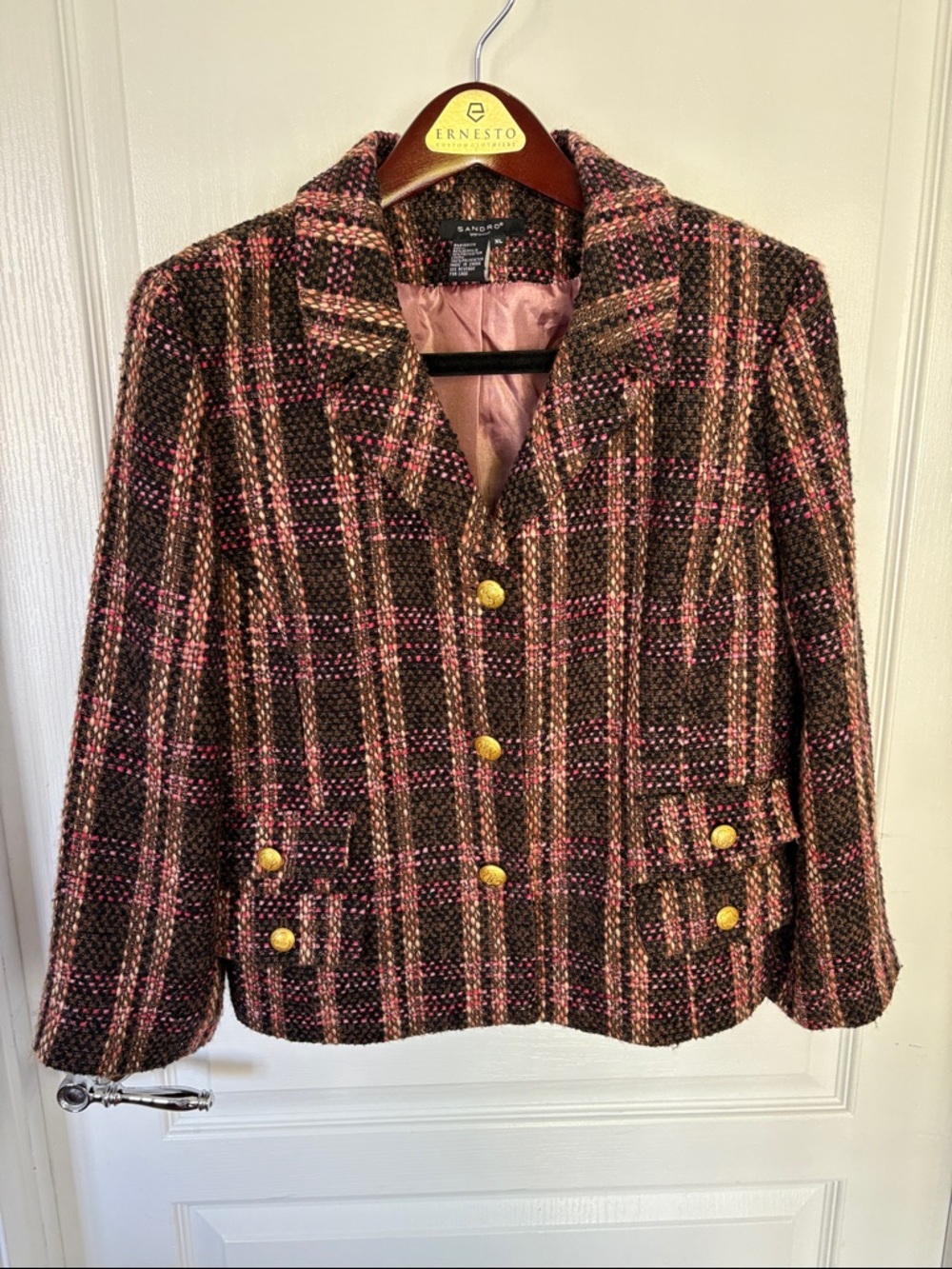 Sandro  Brown and Pink Plaid Tweed Blazer with Gold Buttons